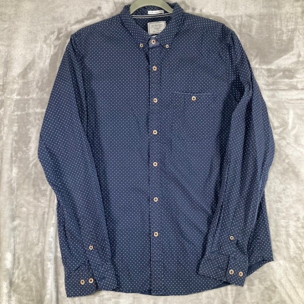 On The Road Mens Slim Fit Polka Dot Button Down Shirt Navy Blue Large L